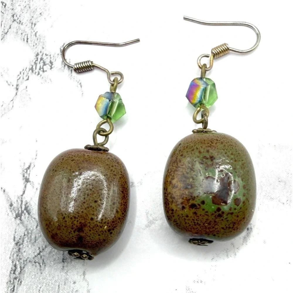 Boho Dangle Earrings Brown Green Ceramic Bead Gold‎ Tone Artisan